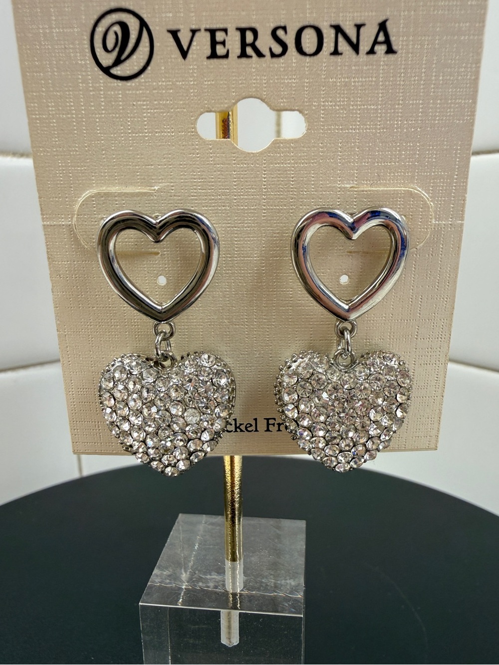 Versona Silver Crystal Heart Dangle Earrings